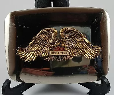 Vintage 1990s Harley Davidson Chrome Belt Buckle Metal  W/ Golden Wings Logo ✨️ • $15.16