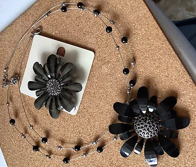 Black Enamel / Bead Daisy Necklace  And Matching Broach Fashion Jewellery Sexy • £3.50