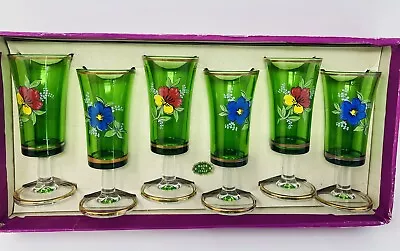 Vintage Hand Painted Green Confezioni Margherita Glasses Set Of 6 Original Box • £25.73