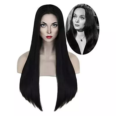 Womens Long Black Wig For Morticia Addams Family Halloween Fancy Dress Costume • $10.03