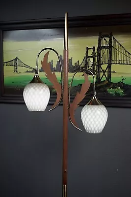 Mid Century Modern Gold & Walnut Pole Lamp W/ Quilted Diamond Glass Globes • $549.99