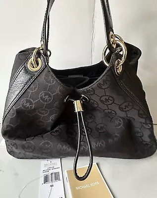 Michael Kors LUDLOW Lg Shoulder Bag Monogram Jacquard Black Logo Leather Trim • $197