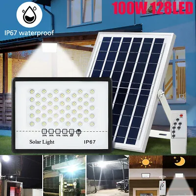 Outdoor 100W 128 LED Solar Panel Light Street Flood Remote Garden Security Lamp • £14.99