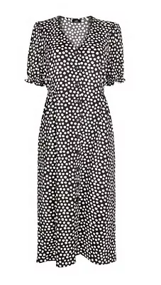 WALLIS Black Polka Dot Midi Dress UK 8 • £6.99