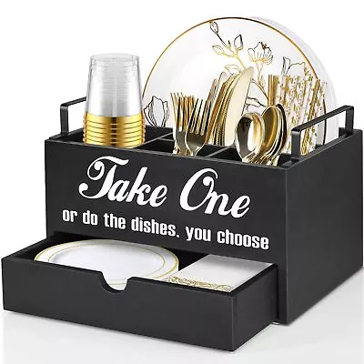 Paper Plate Holder Countertop Utensil Caddy With Drawer Paper Plate Organizer Fo • $38.58