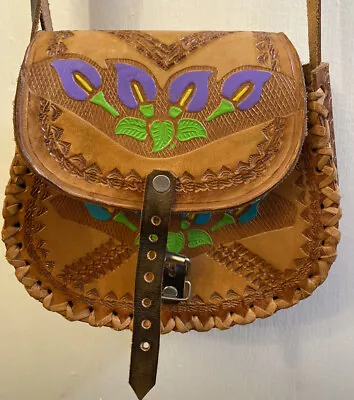 Leather Handbag Purse Hand Tooled Mexican Shoulder Bag Embossed Floral Boho • $24.99