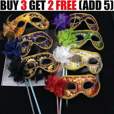 Venetian Masquerade Eye Mask On Stick Mardi Halloween Ball Party Prom Costume • £6.59