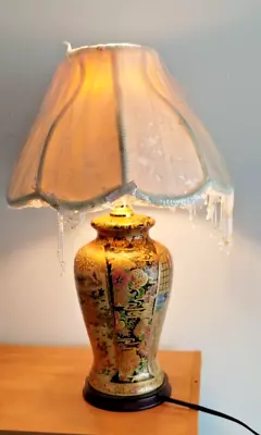 Vintage Chinese Cloisonné Hand Painted Porcelain Vase Lamp Wood Base • $98