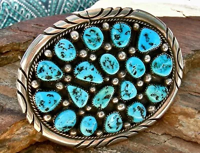 Vin NAVAJO TOMMY MOORE STERLING & TURQUOISE CLUSTER WESTERN BELT BUCKLE GREAT ! • $495