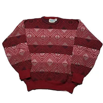 Vintage 80s Cosby Sweater Men’s XL Red Knit Pullover Geometric Art 90s USA Made • $33.99