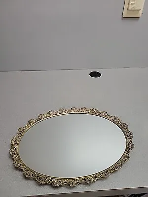Vtg Oval Roses Metal Gold Tone Filigree Ornate Dresser Vanity Tray Mirror • $27.50