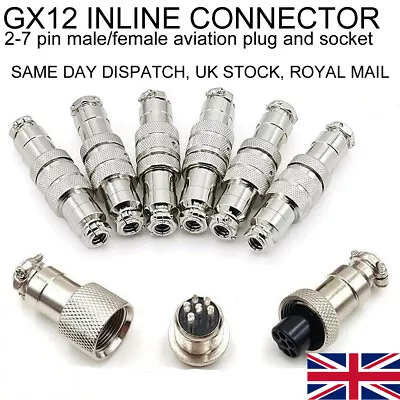 GX12 Aviation Plug + Socket Cable Connector Inline Butt Joint 2-7 Pin M12 • £3.19