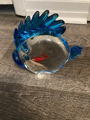 Vintage Murano Glass Fish Sculpture With Blue Fins And Small Orange Fish Inside • $36.50