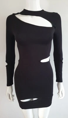 £9.99 • Buy Black Long Sleeved High Neck Cut Out Body-con Mini Dress Size 8 USED EX.CON