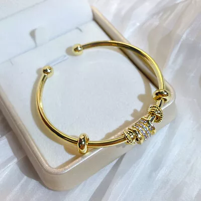 18k Gold Plated Open Bangle Bracelet Bead Cubic Zirconia Wedding Jewelry Gift UK • £10.99