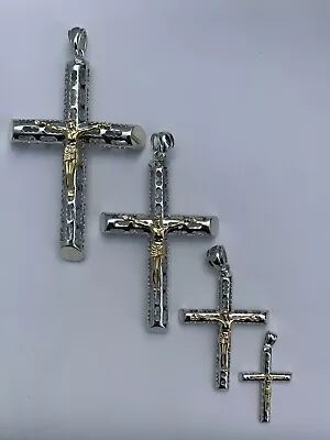 Mens Ladies Solid 925 Silver 14k Gold Plated Cross Jesus Piece ITALY Necklace • $24.46