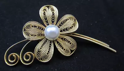 Vintage Art Nouveau Inspired Filigree Flower Brooch Pin Faux Pearl Gold Tone • $9.99