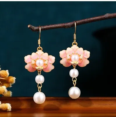 Enamel Pearl Drop Dangle Earrings Boho Flower Dainty Gemstone 18K Gold Plated • $12.95