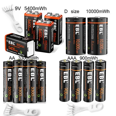 Lot EBL 1.5V AA AAA 9V D Cell USB Battery Lithium Li-ion Rechargeable Batteries • $187.99