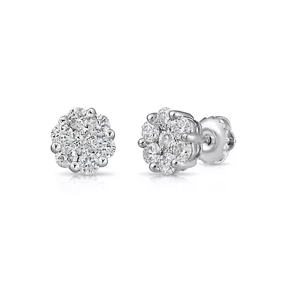 14K Solid White Gold 1 Carat Natural Diamond Round Cluster Floral Studs Earrings • $1166.25