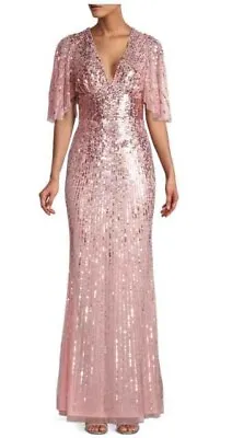 Aidan Mattox V-Neck Flutter Sleeve Pink Sequin Gown Dress - Size 4 - Retail $550 • $180.45