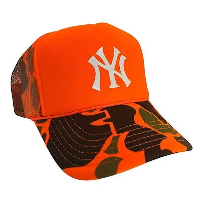 New York Nyc Yankees Orange Camo Hat 5 Panel High Crown Trucker Snapback Vtg • $24.95