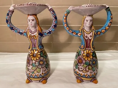 VIETRI Italy Pottery Woman Figurine Double Arm Candle Holders Majolica V. Pinto • $150
