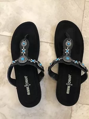 Minnetonka Sandals 8 Leather Suede Black Turquoise & Silver Thong • $15