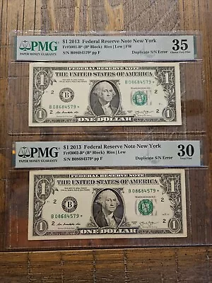 2013 B  Matched $1 Star Note Duplicated Serial # Error Matched Pair  PMG 35/30 • $5200