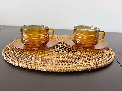 £24.99 • Buy Vintage French Vereco Amber Zebra Glass Coffee Tea Cups Saucers Set Of 2