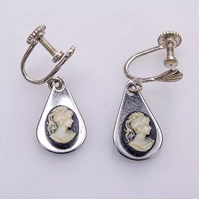 Vtg 1960s Lady Cameo Earrings Modernist Stainless Steel Dangle Screw-Back Clip • £6.99