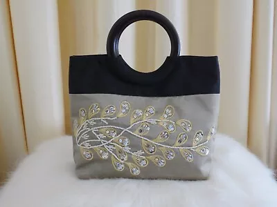 Black And Beige Beaded Silk Mini Formal Top Wooden Handle Tote Handbag • $70
