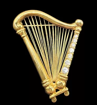 Swarovski Crystal Harp Brooch Gold Tone Wire Pin Musical Instrument Monet VTG 80 • $39.95