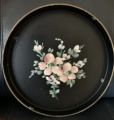 Tole Round Metal Serving Tray Pink Floral High Sided Gold Toned Rim 11.25  • $15
