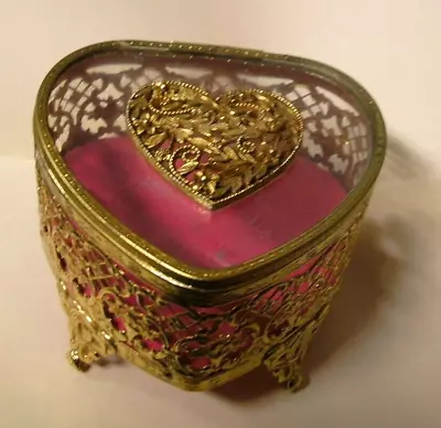 Gold Filigree Heart Shaped Trinket Box WHeart Embellished Glass Top Ornate Feet • $3.50