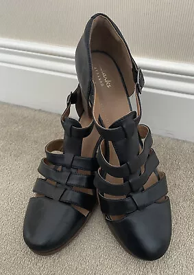 Clarks Artisan Black Leather Block Heel Fisherman Caged Sandal Shoes UK 7D VGC • £18.99