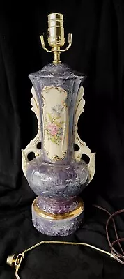 Vintage Leviton Porcelain Floral Urn Table Lamp 17  Lavender Purple Rose  Large • $48