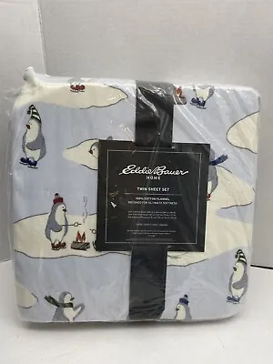 Eddie Bauer Home Twin Flannel Sheet Set 100% Cotton Blue Penguins NEW • $48.99