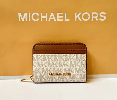 Michael Kors Jet Set Travel Md Zip Around Card Case Wallet Mk Vanilla/brown • $52.80