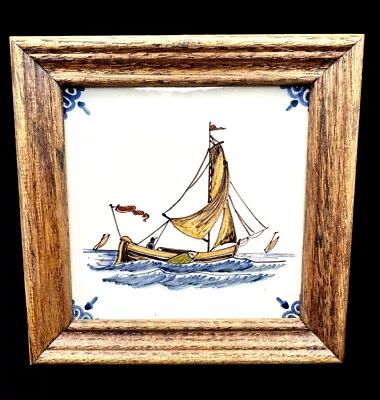 Vtg Wood Framed Makkum Pottery Hand Painted Dutch Tile Sailboat Ocean Fisherman • $39.50