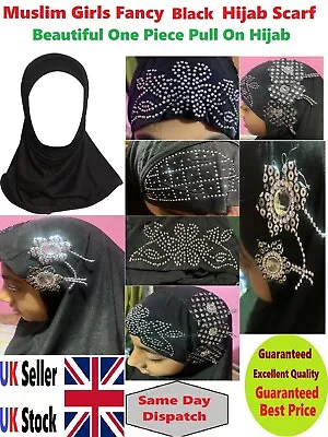 Muslim Girls Black Fancy Hijab Scarf Pearls Glass Work Flowers  One Piece • £5.99