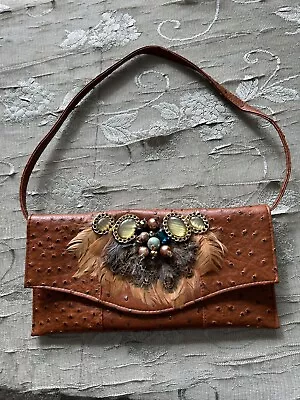 IRIS LANE OSTRICH LEATHER PURSE CLUTCH Handbag Crossbody Rhinestone Vintage • $65