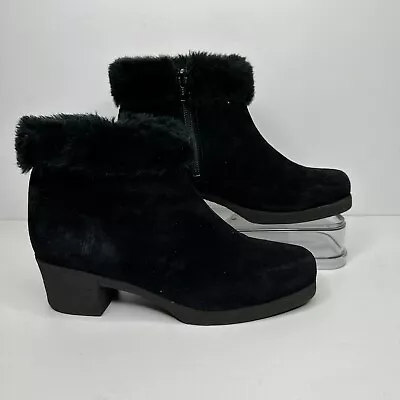 La Canadienne Suede Booties Womens Size 8.5 Black Made In Canada Fur Trim Boots • $34.99