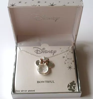 Disney Minnie Mouse Bowtiful Logo Bow Necklace Floating Crystal Silver Plated • $22.99