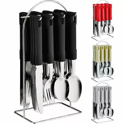 New 24pc Cutlery Dinner Set Stainless Steel Metal Stand Rack Forks Spoons Dining • £6.95