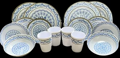 Vintage Melamine Picnic Set Blue White Gold 16 Pieces Kitchen Camping Caravan • £19.99