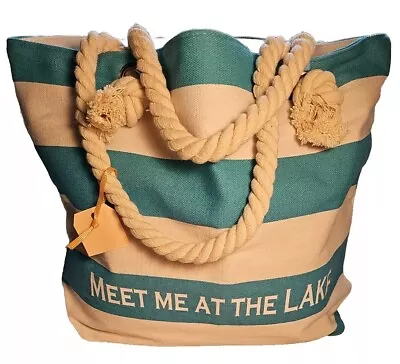 Canvas Tote Bag Meet Me At The Lake Stripe Turquoise White Nautical Waterproof • $17.99