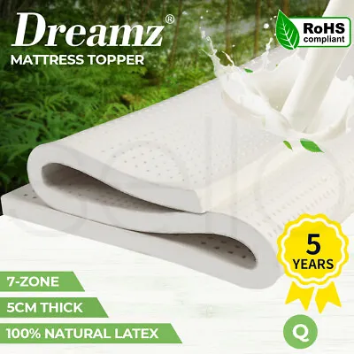 Dreamz Latex Mattress Topper Queen Bed Underlay Natural Foam 7 Zone Cover 5cm • $199.99
