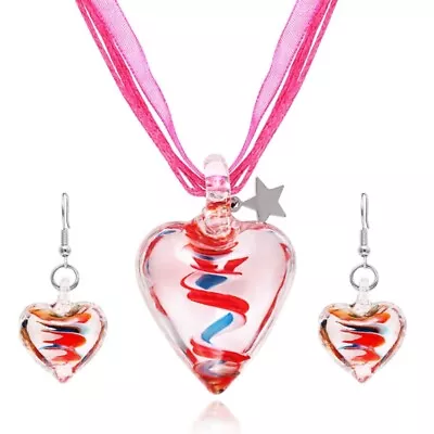 Murano Glass Heart Pendant Necklaces With Heart Drop Earrings Jewelry For Womens • £6.05