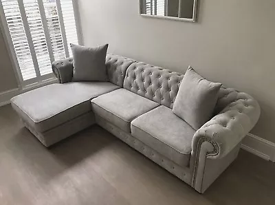 Chesterfield Corner Sofa Velour Fabric Light Grey 3+2 Seater Armchair Chaise  • £989